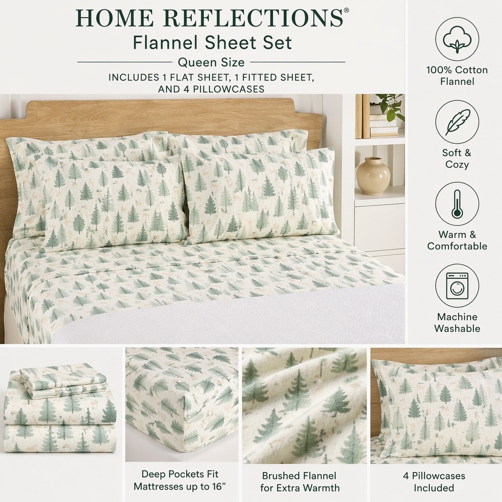 Home‎ Reflections Queen Flannel Sheet Set 6pc Green Pine Tree Deer H492286 NWOT